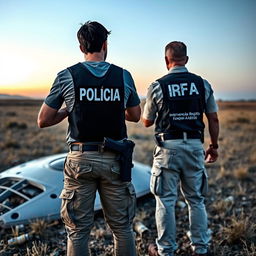 Two investigators examining a crashed UFO in an open field