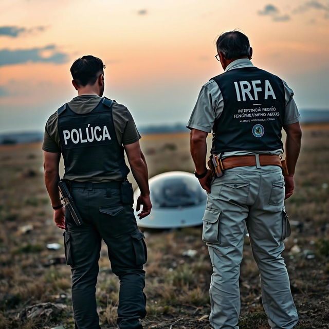 Two investigators examining a crashed UFO in an open field