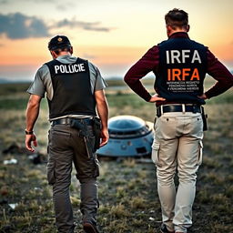 Two investigators examining a crashed UFO in an open field