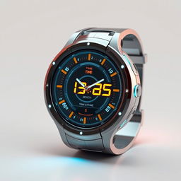 A futuristic wristwatch, featuring a sleek and innovative design with holographic displays and glowing elements