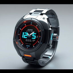 A futuristic wristwatch, featuring a sleek and innovative design with holographic displays and glowing elements