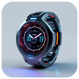 A futuristic wristwatch, featuring a sleek and innovative design with holographic displays and glowing elements