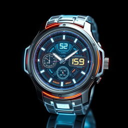 A futuristic wristwatch, featuring a sleek and innovative design with holographic displays and glowing elements