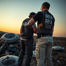 Two investigators closely examining a crashed UFO site