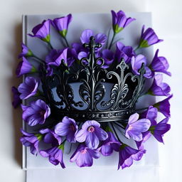 A stunning book cover featuring a dark, ornately designed crown at the center surrounded by an array of blooming violet flowers