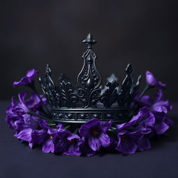 A stunning book cover featuring a dark, ornately designed crown at the center surrounded by an array of blooming violet flowers