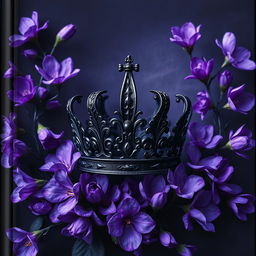 A stunning book cover featuring a dark, ornately designed crown at the center surrounded by an array of blooming violet flowers