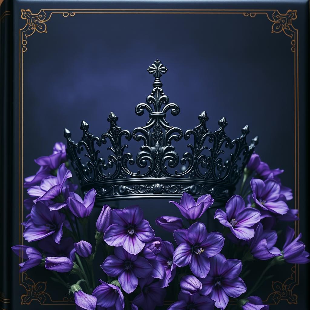 A stunning book cover featuring a dark, ornately designed crown at the center surrounded by an array of blooming violet flowers