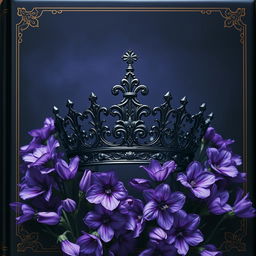 A stunning book cover featuring a dark, ornately designed crown at the center surrounded by an array of blooming violet flowers