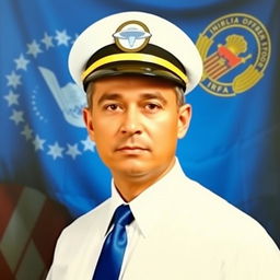 A formal passport-style photo of an individual wearing a white shirt, a blue tie, and an official cap decorated with a UFO emblem