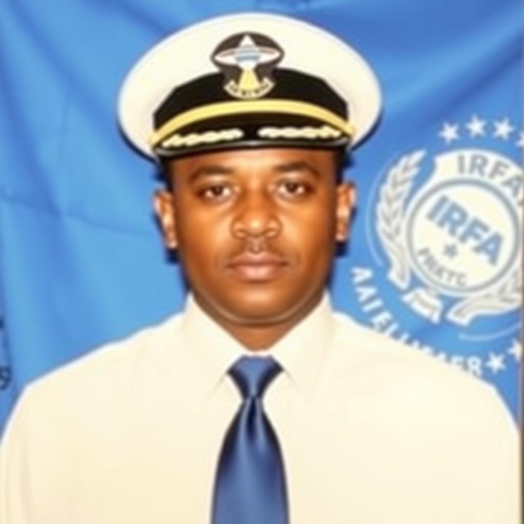 A formal passport-style photo of an individual wearing a white shirt, a blue tie, and an official cap decorated with a UFO emblem