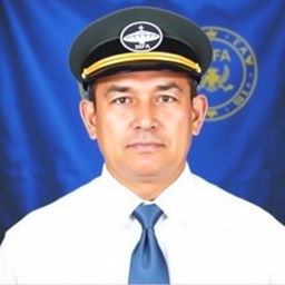 A formal passport-style photo of an individual wearing a white shirt, a blue tie, and an official cap decorated with a UFO emblem