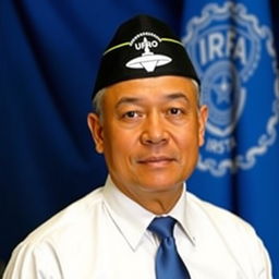 A formal passport-style photo of an individual wearing a white shirt, a blue tie, and an official cap decorated with a UFO emblem