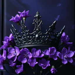 An enchanting book cover displaying a dark, intricately designed crown as the focal point, surrounded by violet flowers in full bloom