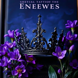 An enchanting book cover displaying a dark, intricately designed crown as the focal point, surrounded by violet flowers in full bloom