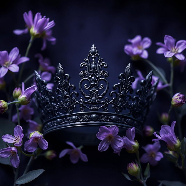 An enchanting book cover displaying a dark, intricately designed crown as the focal point, surrounded by violet flowers in full bloom