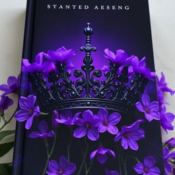 An enchanting book cover displaying a dark, intricately designed crown as the focal point, surrounded by violet flowers in full bloom