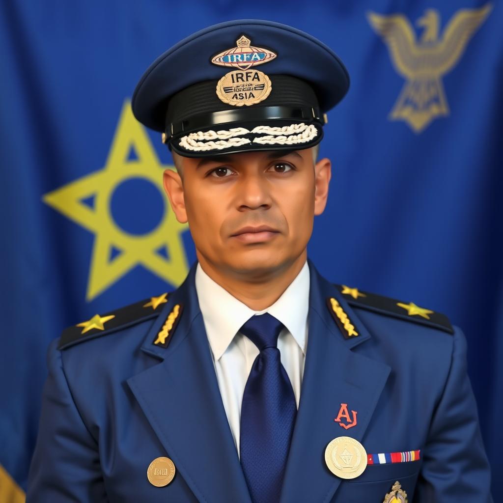 A formal passport-style photo of an individual dressed in a white shirt, blue tie, and a blue jacket adorned with four medals, an IRFA badge, and a UFO emblem badge