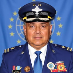 A formal passport-style photo of an individual dressed in a white shirt, blue tie, and a blue jacket adorned with four medals, an IRFA badge, and a UFO emblem badge