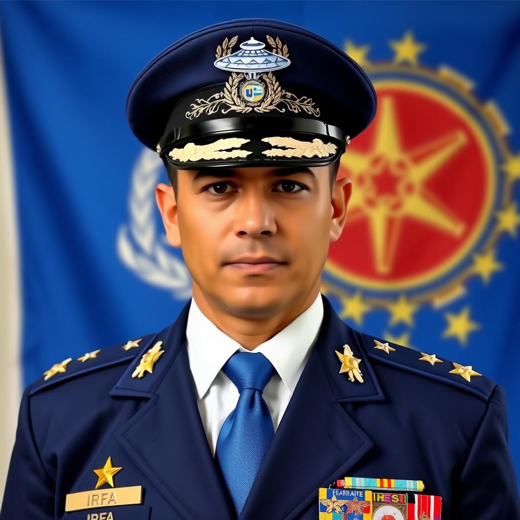 A formal passport-style photo of an individual dressed in a white shirt, blue tie, and a blue jacket adorned with four medals, an IRFA badge, and a UFO emblem badge