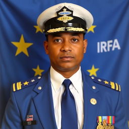 A formal passport-style photo of an individual dressed in a white shirt, blue tie, and a blue jacket adorned with four medals, an IRFA badge, and a UFO emblem badge