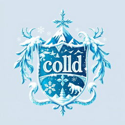 A family crest uniquely designed to symbolize ice and snow, featuring elements such as icicles, snowflakes, and a frosty mountain landscape