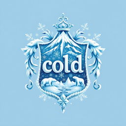 A family crest uniquely designed to symbolize ice and snow, featuring elements such as icicles, snowflakes, and a frosty mountain landscape