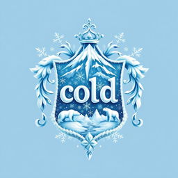 A family crest uniquely designed to symbolize ice and snow, featuring elements such as icicles, snowflakes, and a frosty mountain landscape