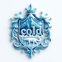 A family crest uniquely designed to symbolize ice and snow, featuring elements such as icicles, snowflakes, and a frosty mountain landscape