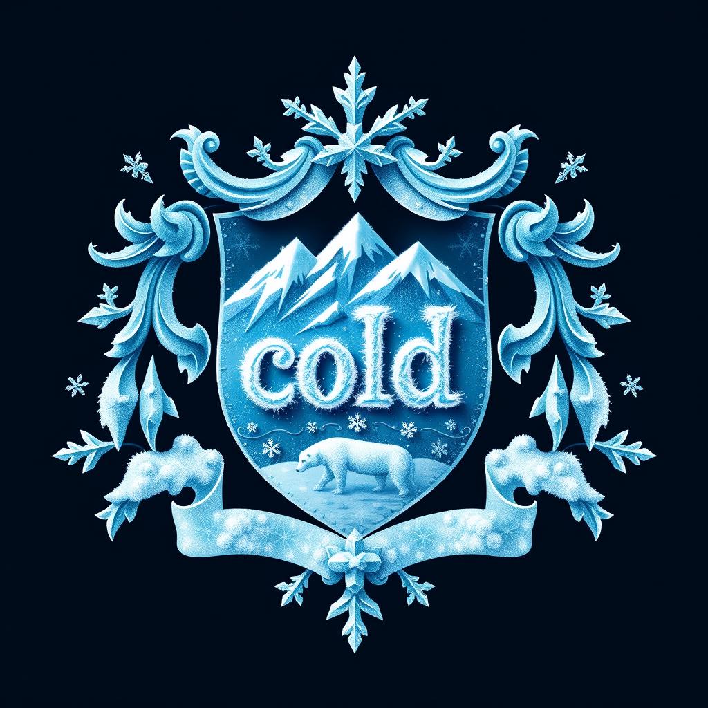 A family crest uniquely designed to symbolize ice and snow, featuring elements such as icicles, snowflakes, and a frosty mountain landscape