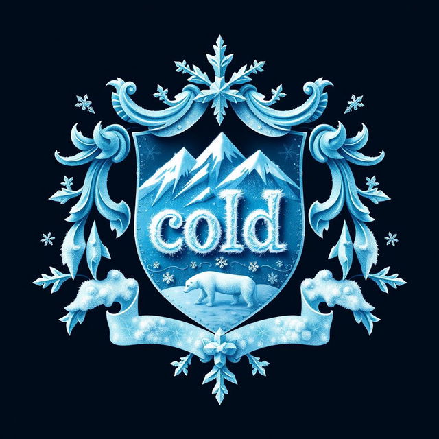 A family crest uniquely designed to symbolize ice and snow, featuring elements such as icicles, snowflakes, and a frosty mountain landscape