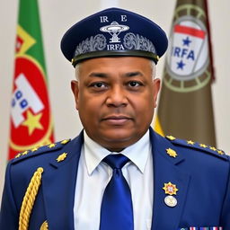 A formal passport-style photo of an individual dressed in a white shirt, blue tie, and a blue jacket adorned with four medals, an IRFA badge, and a UFO emblem badge