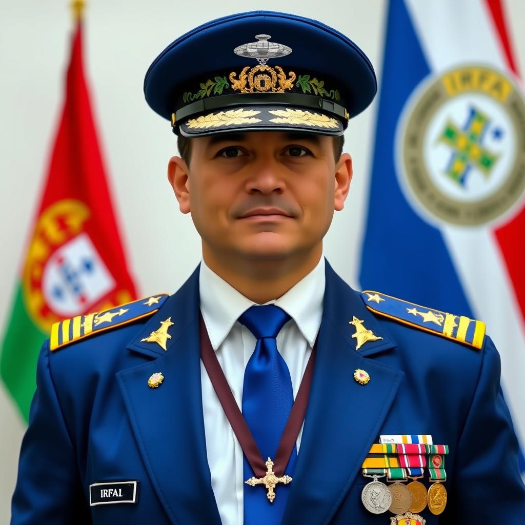 A formal passport-style photo of an individual dressed in a white shirt, blue tie, and a blue jacket adorned with four medals, an IRFA badge, and a UFO emblem badge