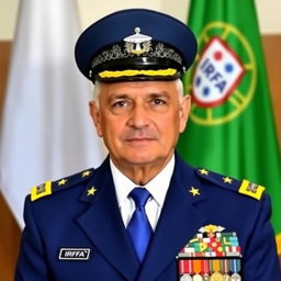 A formal passport-style photo of an individual dressed in a white shirt, blue tie, and a blue jacket adorned with four medals, an IRFA badge, and a UFO emblem badge