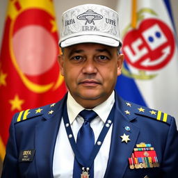 A formal passport-style photo of an individual dressed in a white shirt, blue tie, and a blue jacket adorned with four medals, an IRFA badge, and a UFO emblem badge