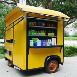 A small mobile shop with dimensions of 5ft by 9ft equipped with various items, designed in a compact yet appealing manner.