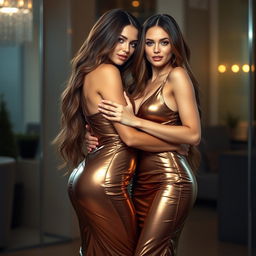 Two stunning and alluring women with long hair, both wearing sexy shiny long metallic dresses that cling to their figures, demonstrating their beauty and elegance