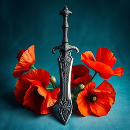 A captivating book cover featuring a mystical dagger surrounded by vibrant blooming poppy flowers