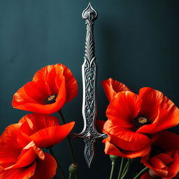 A captivating book cover featuring a mystical dagger surrounded by vibrant blooming poppy flowers