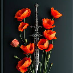 A captivating book cover featuring a mystical dagger surrounded by vibrant blooming poppy flowers