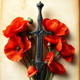 A captivating book cover featuring a mystical dagger surrounded by vibrant blooming poppy flowers