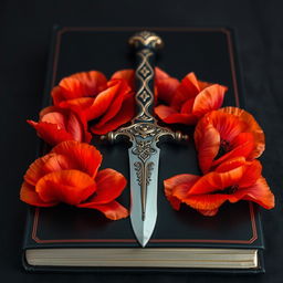 A striking book cover showcasing a finely crafted dagger encircled by elegantly blooming poppy flowers