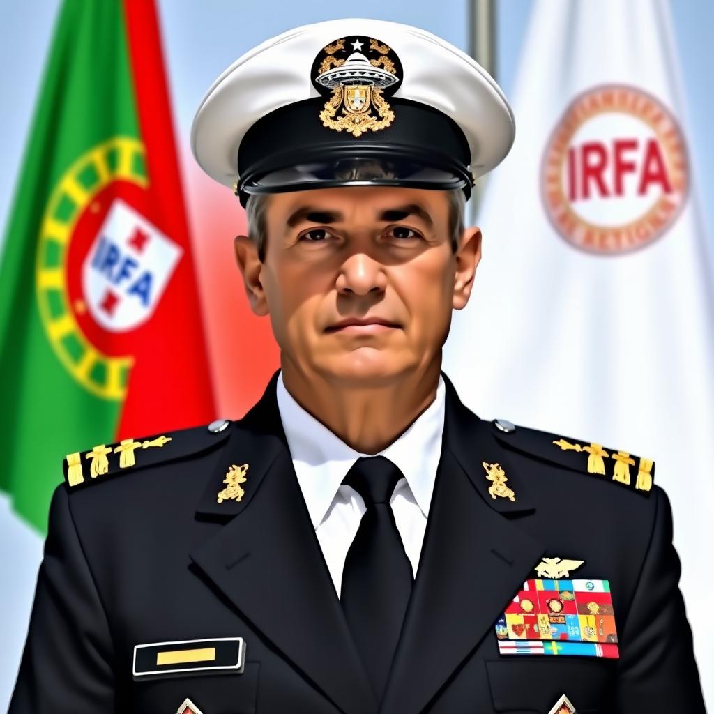 A formal passport-style photo of an individual dressed in a white shirt, black tie, and a black jacket adorned with four medals, an IRFA badge, and a UFO emblem badge