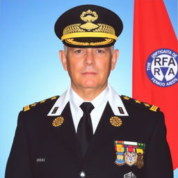 A formal passport-style photo of an individual dressed in a white shirt, black tie, and a black jacket adorned with four medals, an IRFA badge, and a UFO emblem badge