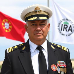 A formal passport-style photo of an individual dressed in a white shirt, black tie, and a black jacket adorned with four medals, an IRFA badge, and a UFO emblem badge