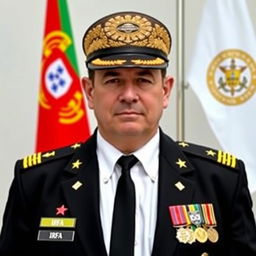 A formal passport-style photo of an individual dressed in a white shirt, black tie, and a black jacket adorned with four medals, an IRFA badge, and a UFO emblem badge