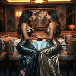 Two stunning and alluring busty women with long, flowing hair, both wearing sexy shiny long metallic dresses that accentuate their figures, paired with stylish high heels