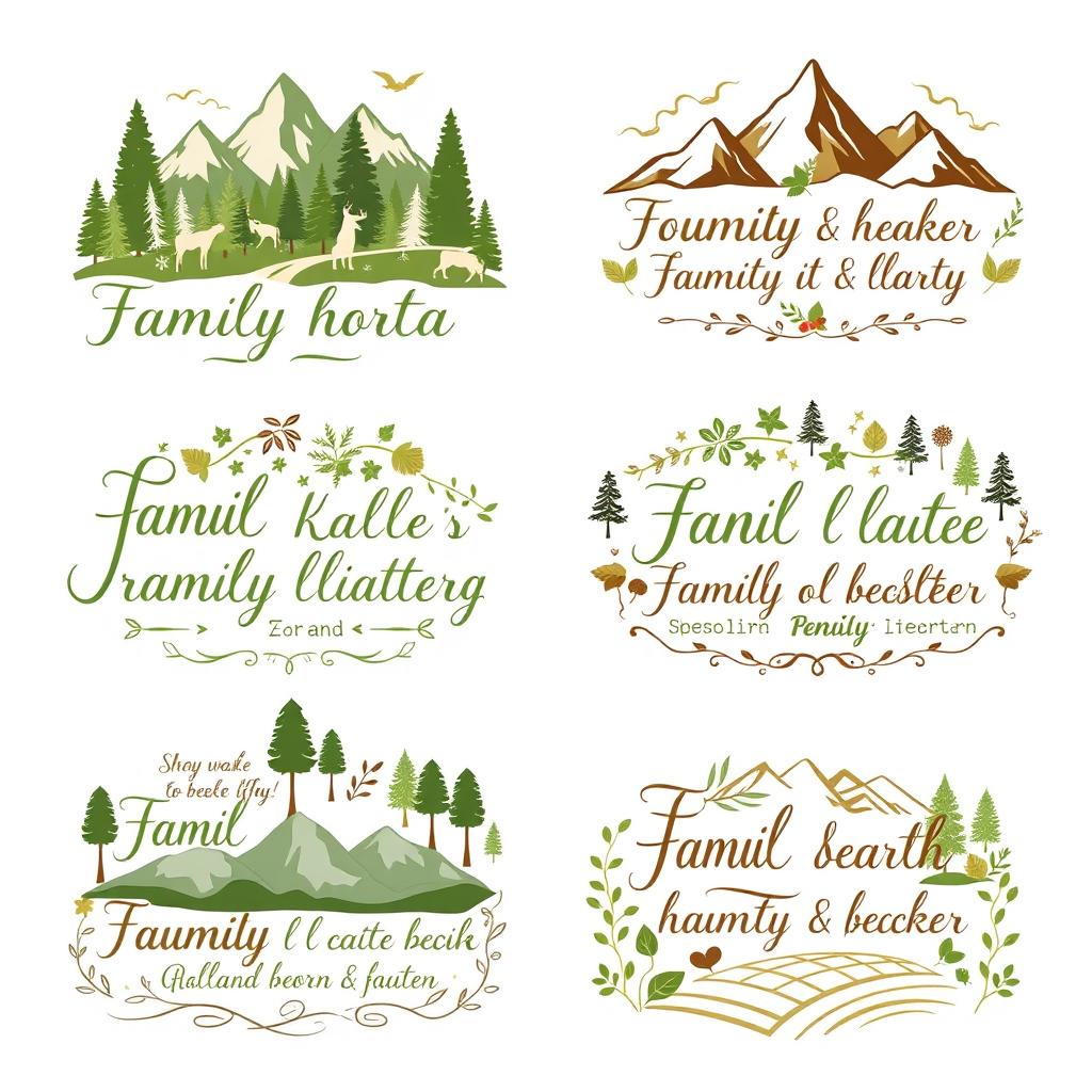 A collection of family mottos that embody the essence of nature and the earth, each illustrated with symbolic elements like lush forests, majestic mountains, and fertile fields