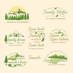 A collection of family mottos that embody the essence of nature and the earth, each illustrated with symbolic elements like lush forests, majestic mountains, and fertile fields