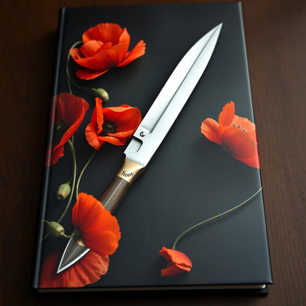 An intriguing book cover featuring a sharp knife surrounded by blooming poppy flowers